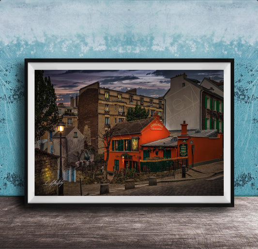 a charming street scene in a European city, with colorful buildings, a red building with a green awning, and a lamppost in the foreground.
