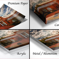 The image is a collage of four photos depicting a brick building with a clock tower, each with different text labels indicating the type of material used: "Premium Paper", "Canvas Wrap", "Acrylic", and "Metal/Aluminum".