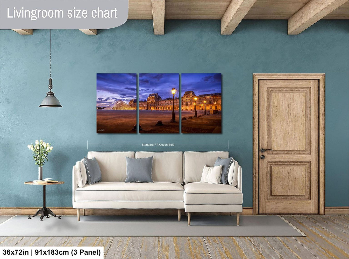The image is a living room with a large, three-panel living room size chart on the wall. The chart displays the dimensions of the living room in both square feet and square meters. The living room is furnished with a white sofa and a wooden door, and there is a vase of flowers on a table nearby.