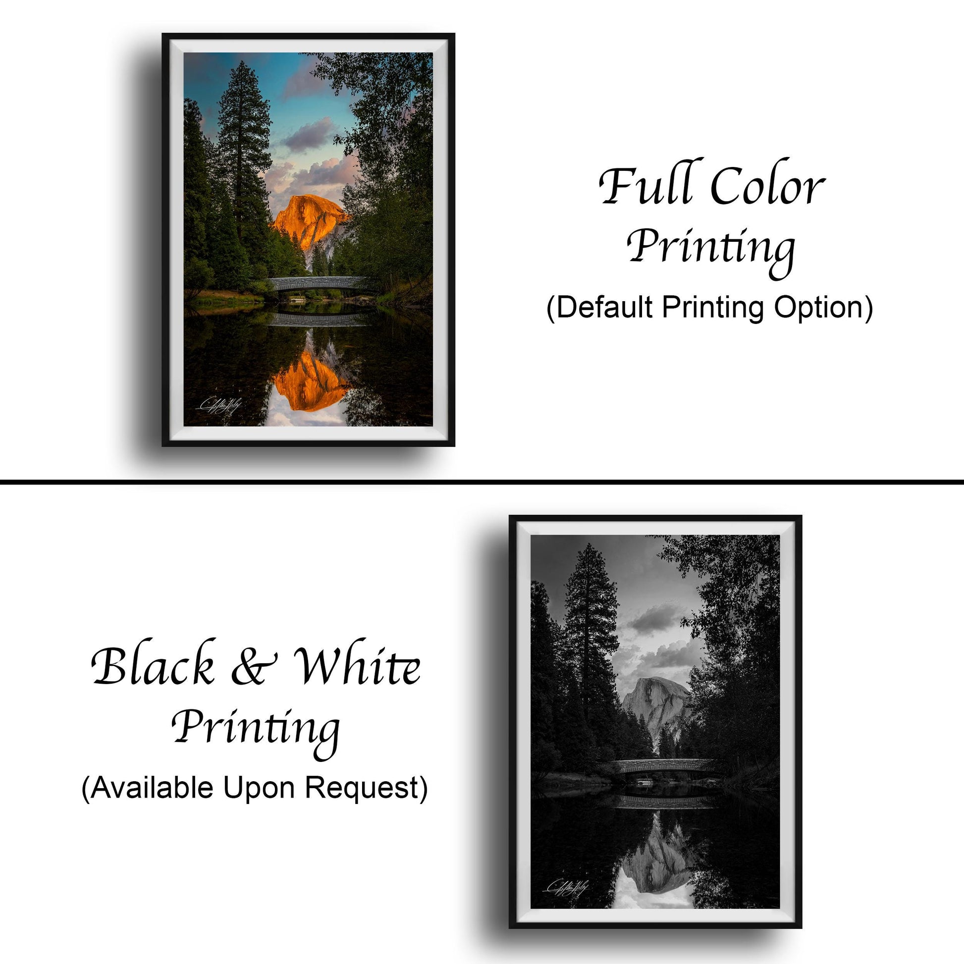 The image is a collage of two framed pictures. The top picture is a full color print of a scenic landscape with a bridge and trees, while the bottom picture is a black and white print of the same landscape. Both pictures are framed and available upon request.