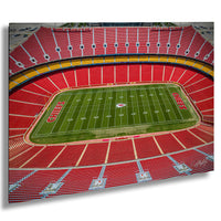 an aerial view of a football stadium with a large field and rows of red seats.