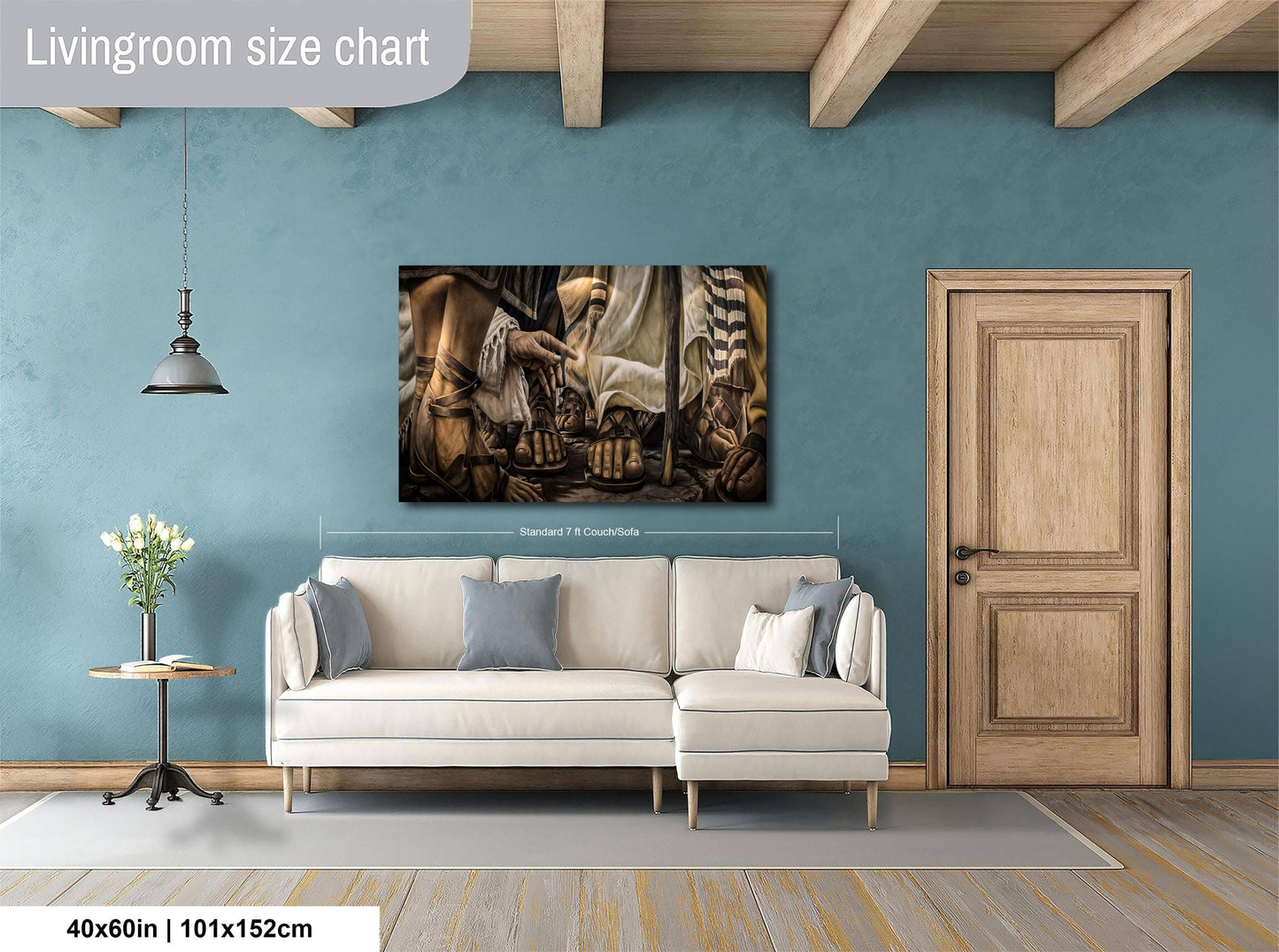 a living room with a large painting of a man on a white couch, a wooden door, and a small table with a vase of flowers.