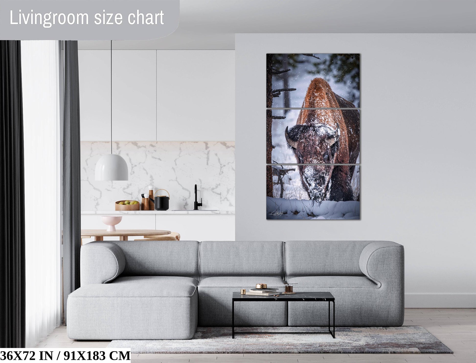 The image is a living room with a gray sofa, a coffee table, and a large wall art depicting a bison in the snow.