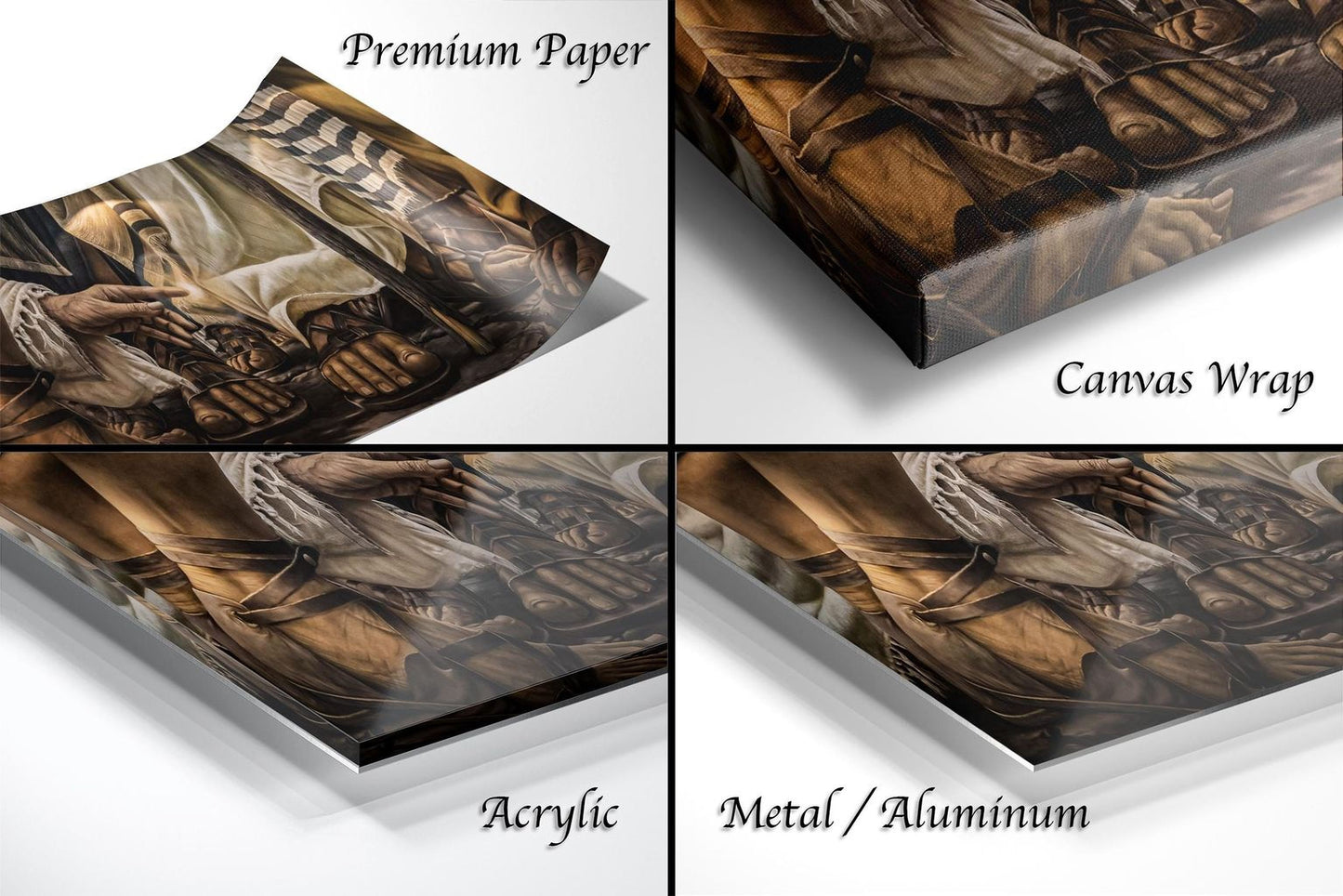 The image is a collage of four different views of a painting or artwork, each with a distinct description. The first view is a close-up of the artwork, the second view is a wider perspective, the third view is a close-up of the artwork, and the fourth view is a wider perspective of the artwork.