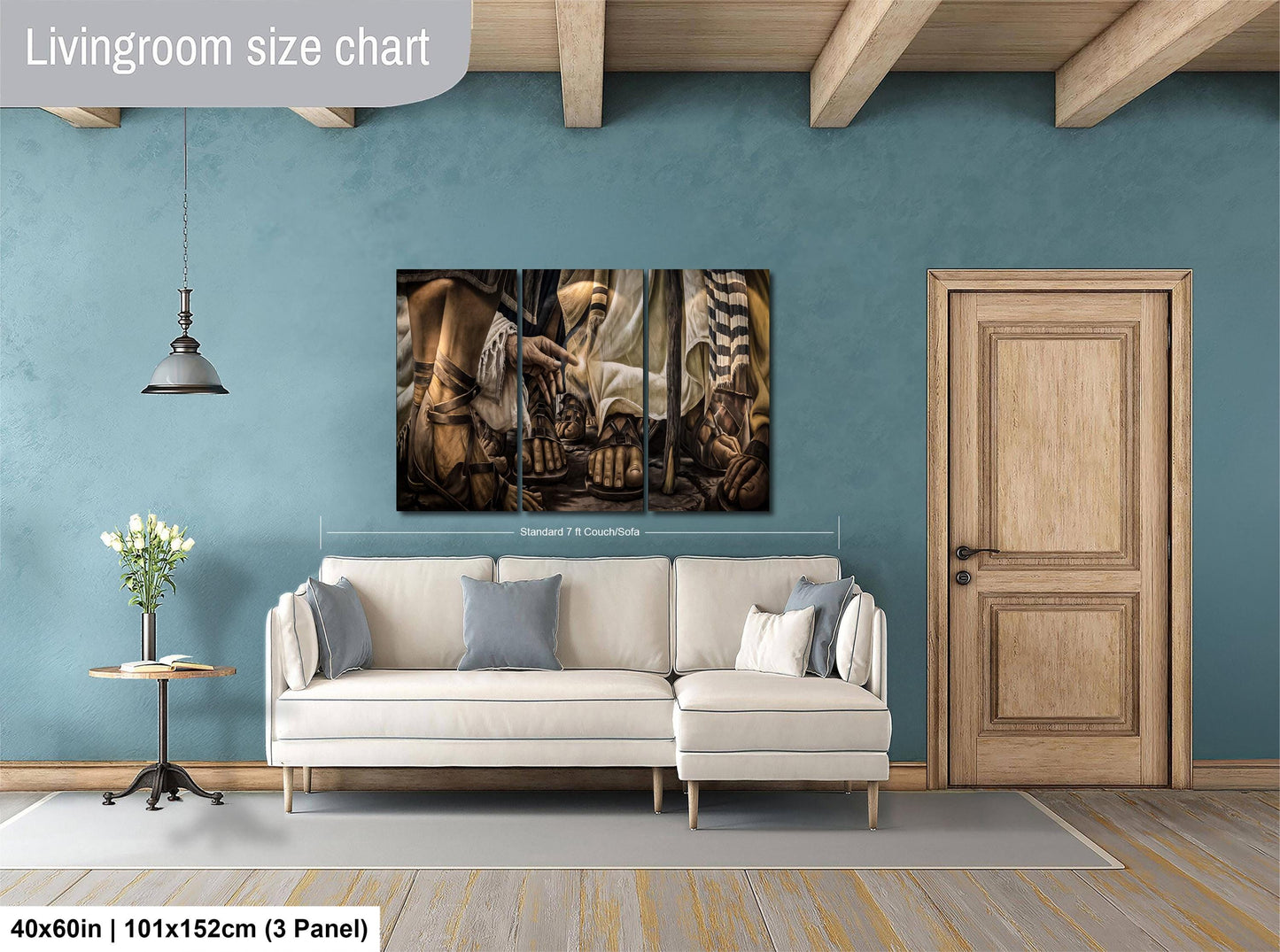 a living room with a large painting hanging on the wall above a white sofa. The painting depicts a scene with a horse and a person, and the room has a wooden door and a small table with a vase of flowers. The living room appears to be well-lit and has a cozy, inviting atmosphere.