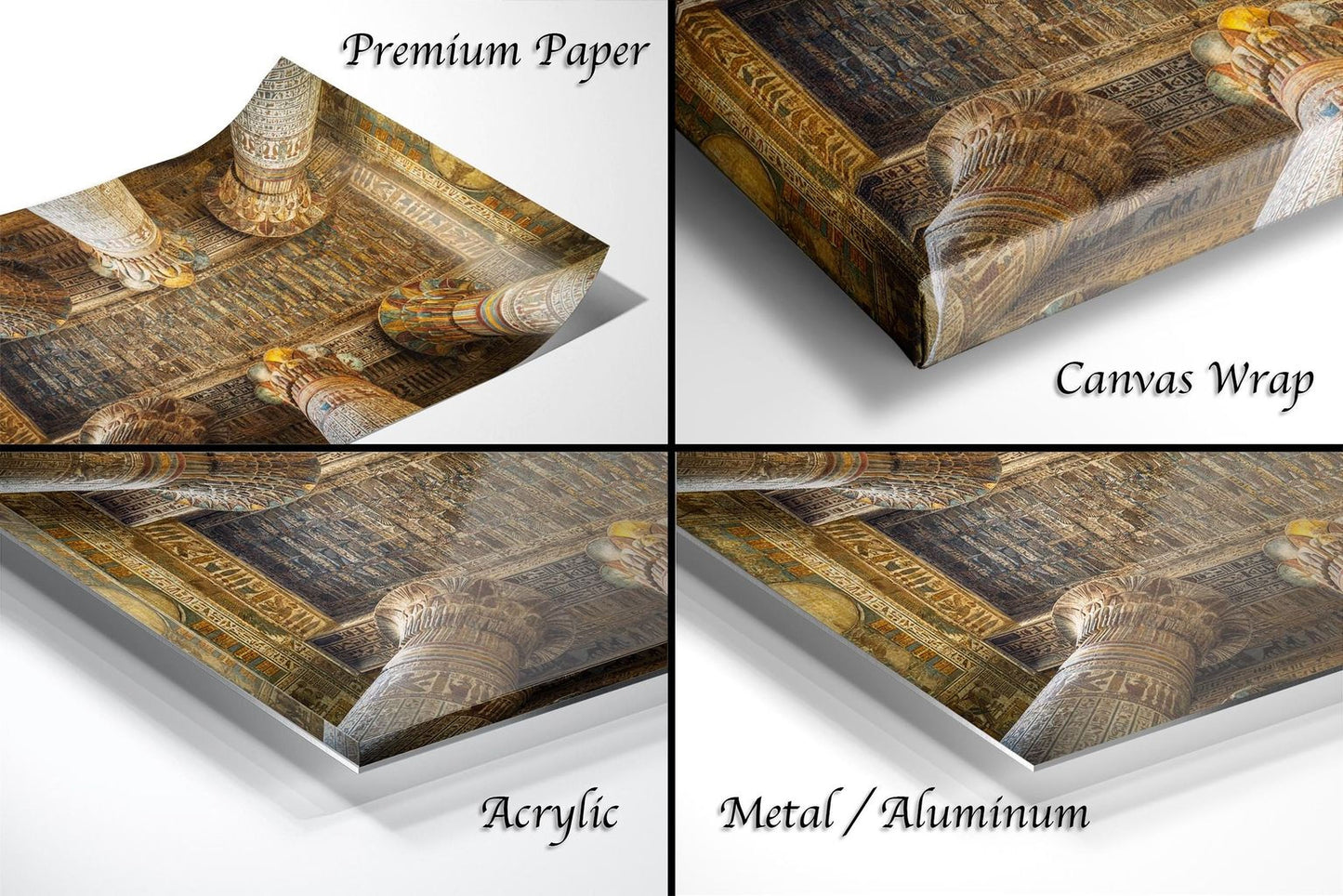 The image is a collage of four different views of an ornate architectural structure, possibly a temple or monument. The images are labeled as "Premium Paper", "Canvas Wrap", "Acrylic", and "Metal/Aluminum".