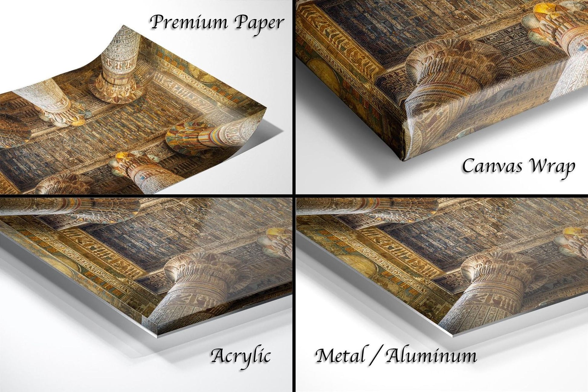 The image is a collage of four different views of an ornate architectural structure, possibly a temple or monument. The images are labeled as "Premium Paper", "Canvas Wrap", "Acrylic", and "Metal/Aluminum".