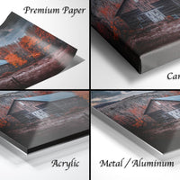 The image is a collage of four different views of a rustic barn in a forest setting, with each view labeled as "Premium Paper", "Canvas Wrap", "Acrylic", and "Metal/Aluminum".