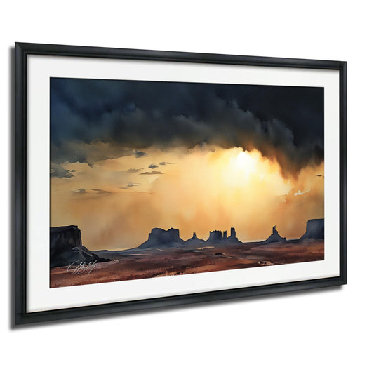 a dramatic desert landscape with a dramatic sky filled with clouds and the sun peeking through, creating a striking contrast between the dark sky and the warm, golden light.