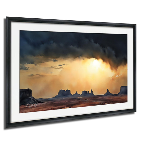 a dramatic desert landscape with a dramatic sky filled with clouds and the sun peeking through, creating a striking contrast between the dark sky and the warm, golden light.