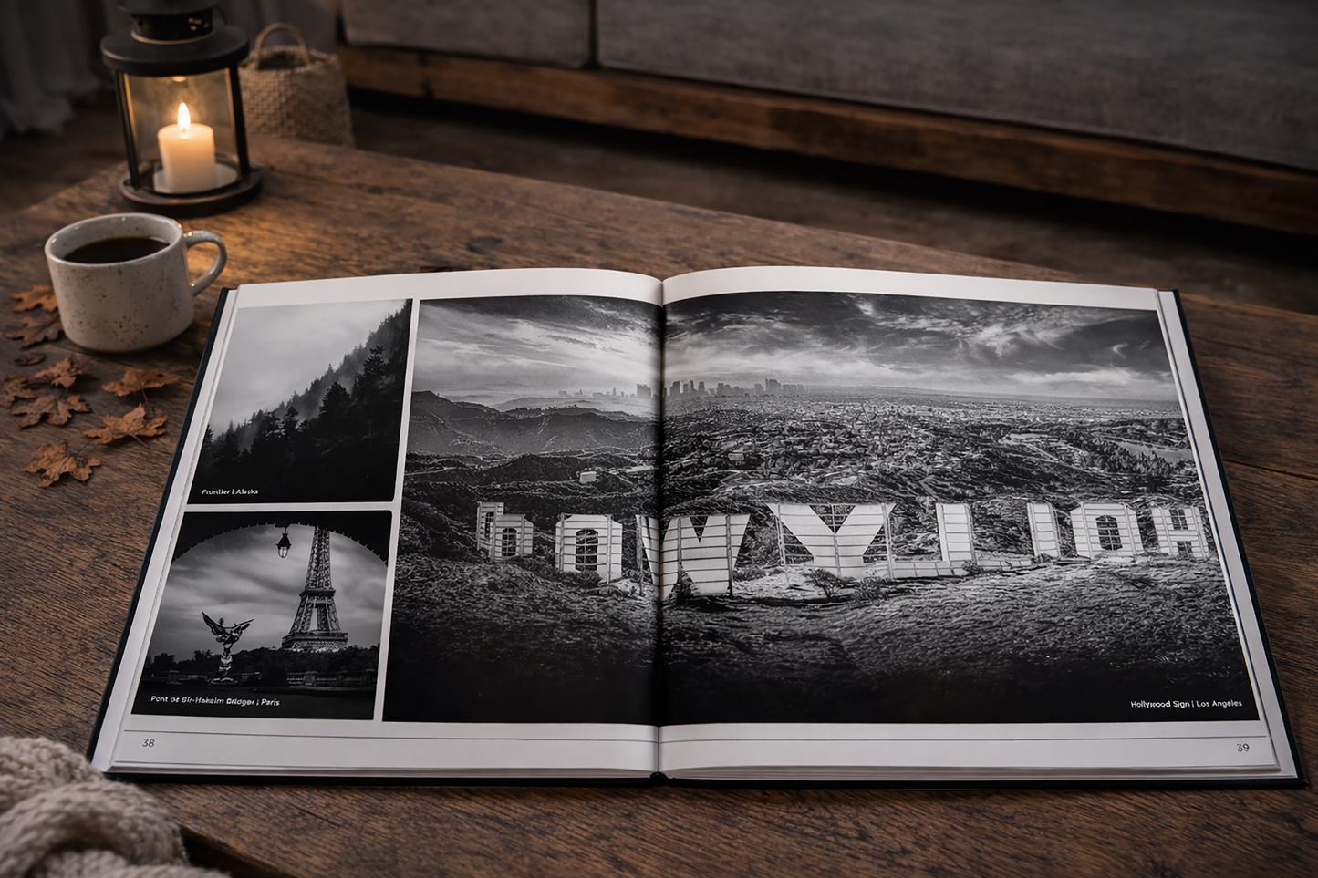 a book with a large open page displaying a black and white photograph of the Hollywood sign, and there are two smaller photographs of the Eiffel Tower and a forest scene on the left page.