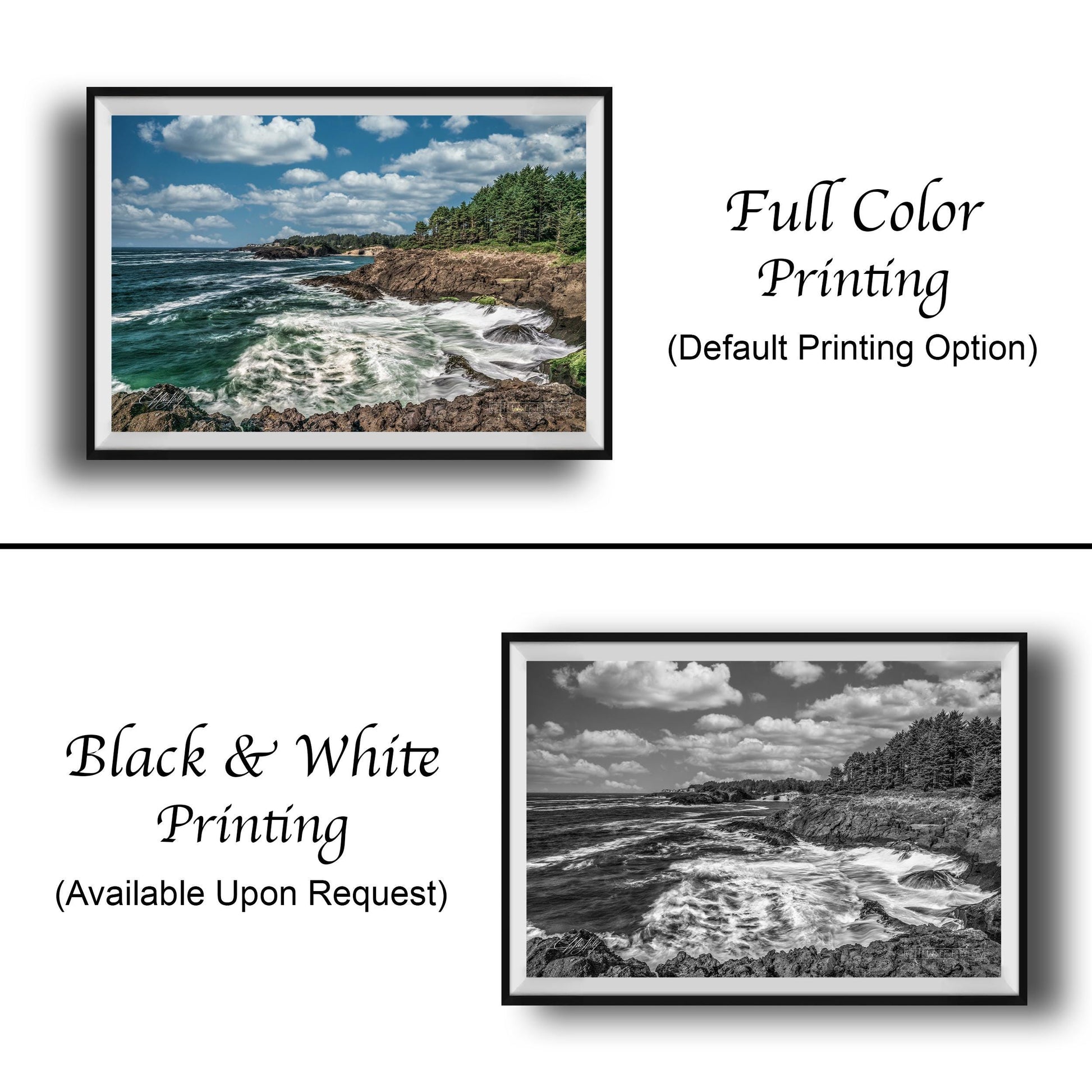 The image is a collage of two framed pictures. The top picture is a full color print of a scenic ocean landscape with crashing waves, while the bottom picture is a black and white print of the same ocean landscape. Both pictures are framed and available upon request.