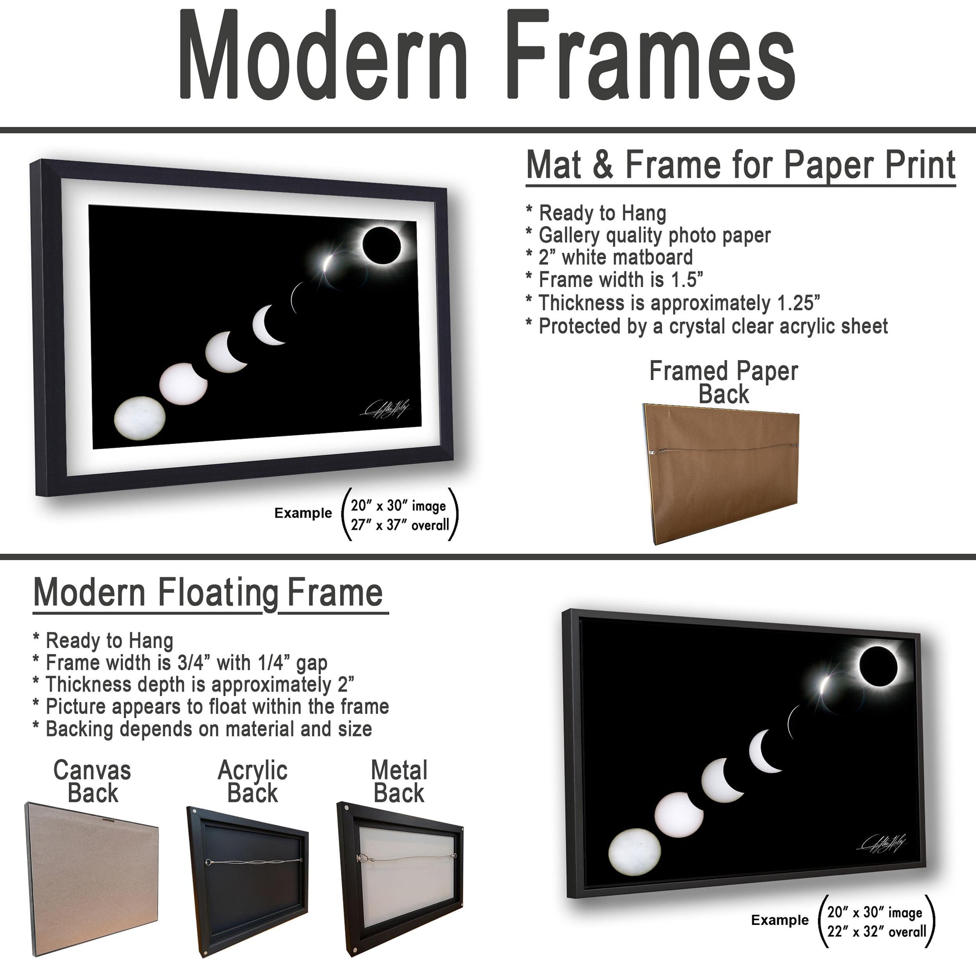 The image is a collage of two framed artworks, one titled "Modern Frames" and the other titled "Modern Floating Frame". The collage features a black and white image of the phases of the moon, with a black frame and a white matboard. The collage also includes a framed paper back and a metal back, both of which are described as "Ready to Hang" and "Mat & Frame for Paper Print".
