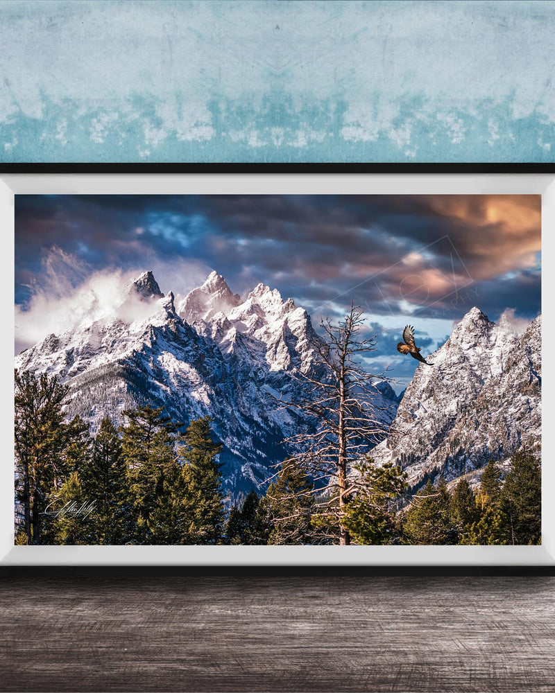A framed photograph of a snow-capped mountain range with a cloudy sky, surrounded by pine trees and a lone bird in flight.