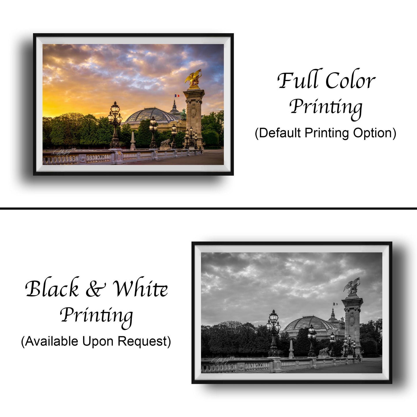 The image is a collage of two framed pictures. The top picture is a full color print of a cityscape with a statue, while the bottom picture is a black and white print of the same cityscape. Both pictures are framed and available upon request.