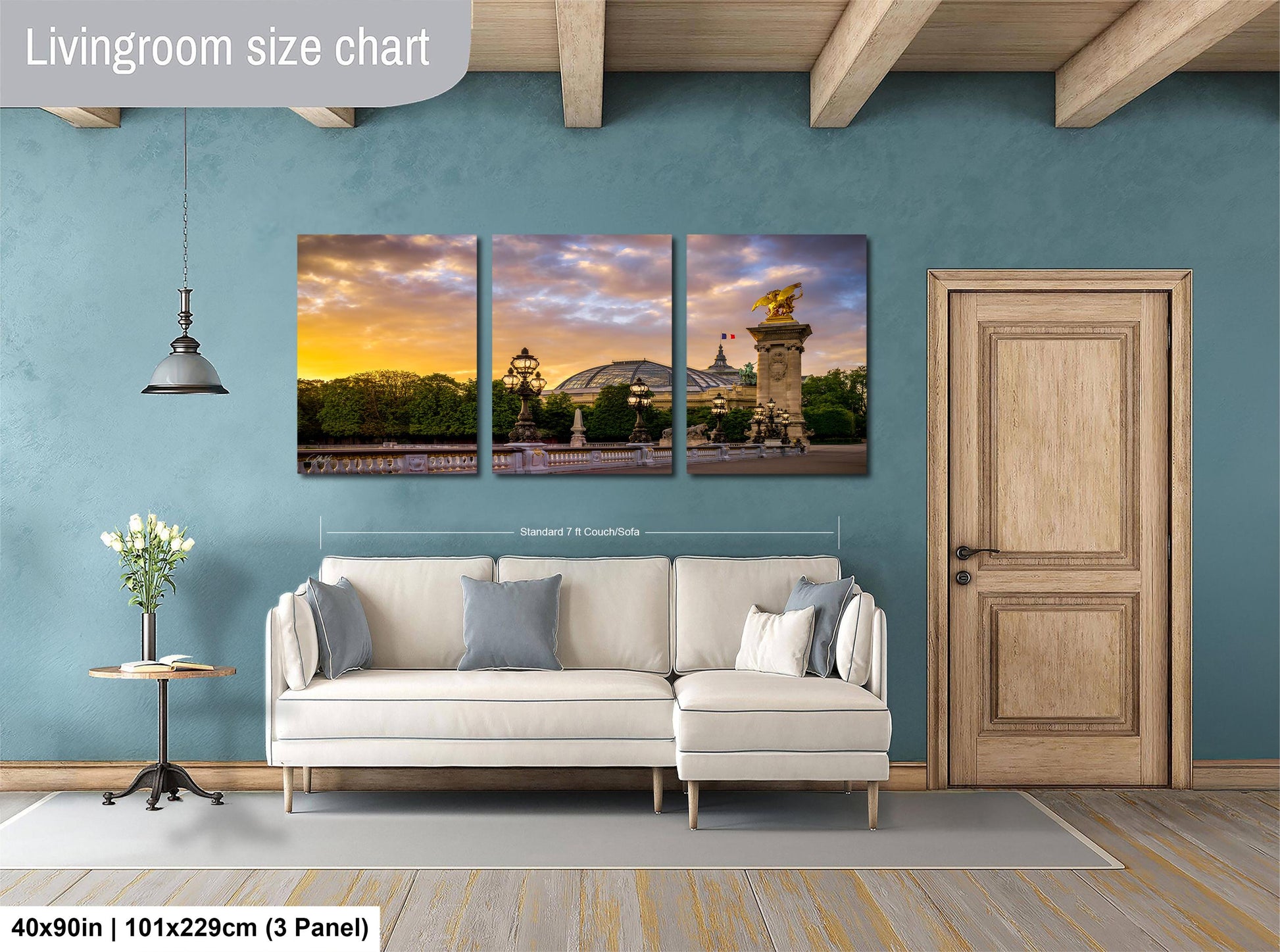 The image is a living room with a large, three-panel living room size chart on the wall. The chart displays the dimensions of the living room in feet and inches, with the largest panel indicating a size of 40'x50'', followed by a size of 101'x129'', and the smallest panel measuring 3'x3'', with a total of 3'x3'', or 9'x3'', in the image.