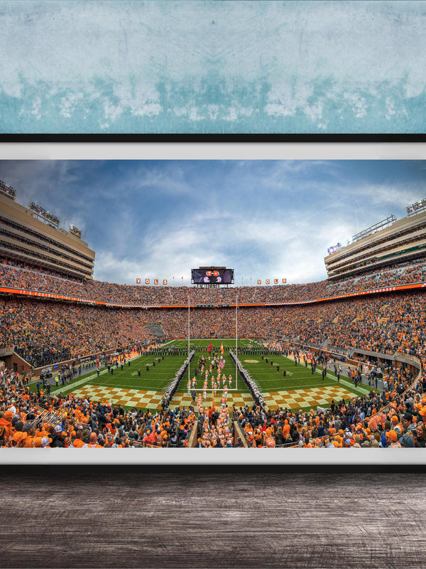 A framed photograph of a crowded football stadium during a game, with the field and stands filled with spectators.
