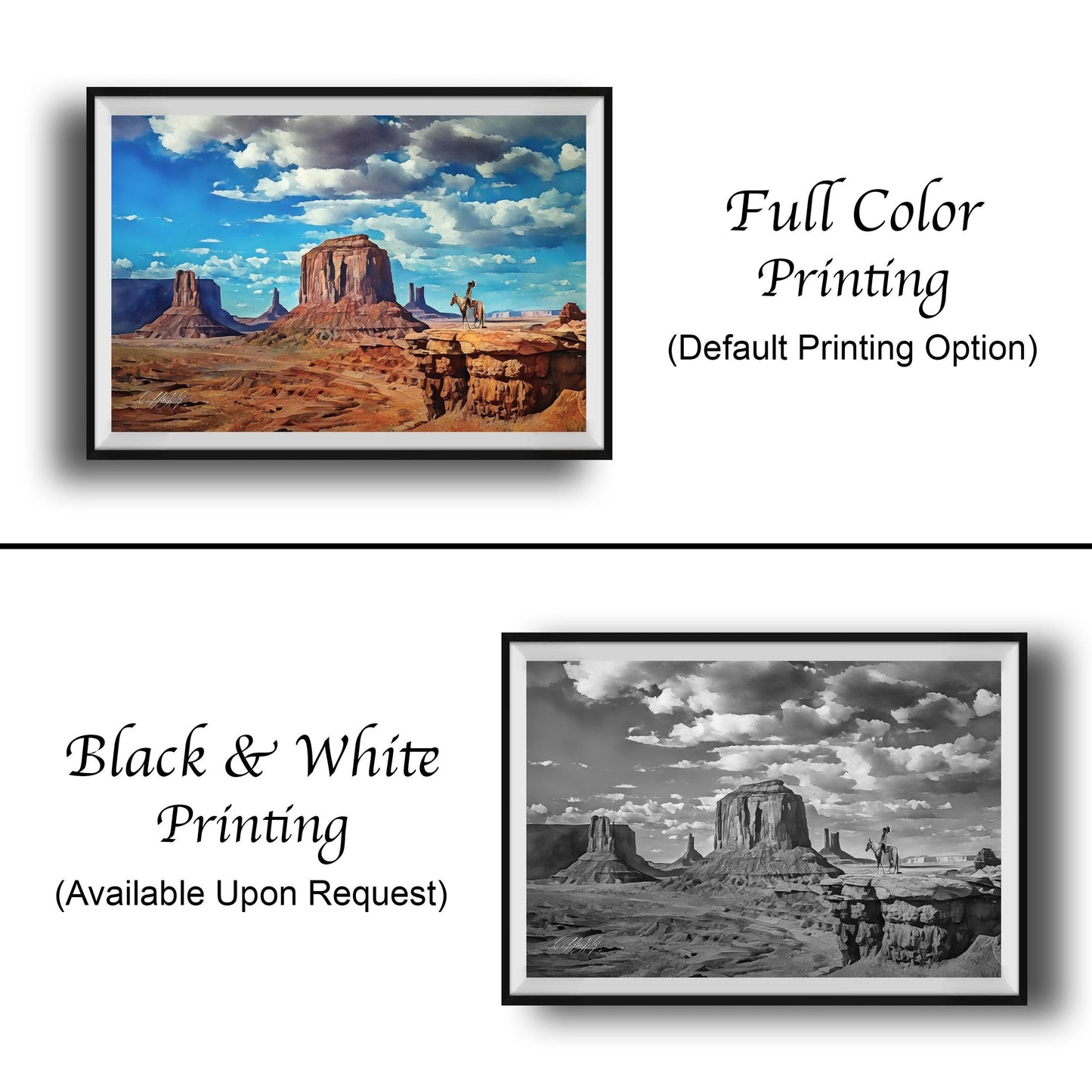 The image is a collage of two framed pictures. The top picture is a full-color painting of a desert landscape, while the bottom picture is a black and white photograph of the same desert landscape.