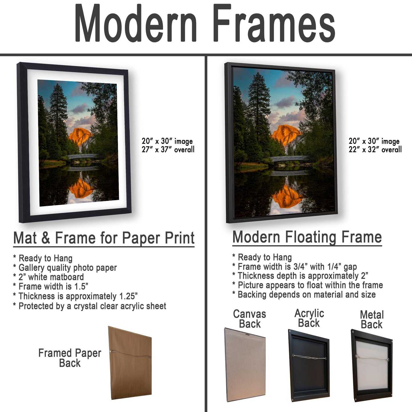 The image is a comparison of modern framed prints and modern floating frames for paper print photography. It displays two framed prints and two framed floating frames, each with different characteristics and features.