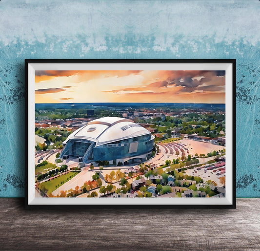 The image is a framed painting depicting a large stadium with a curved roof, set against a backdrop of a city skyline and a colorful sunset sky.