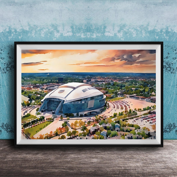 The image is a framed painting depicting a large stadium with a curved roof, set against a backdrop of a city skyline and a colorful sunset sky.