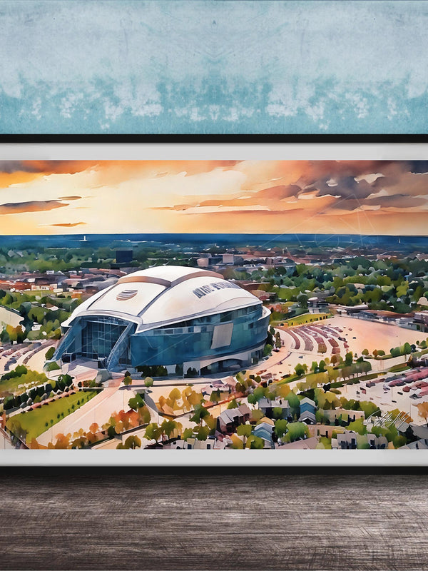 The image is a framed painting depicting a large stadium with a curved roof, set against a backdrop of a city skyline and a colorful sunset sky.