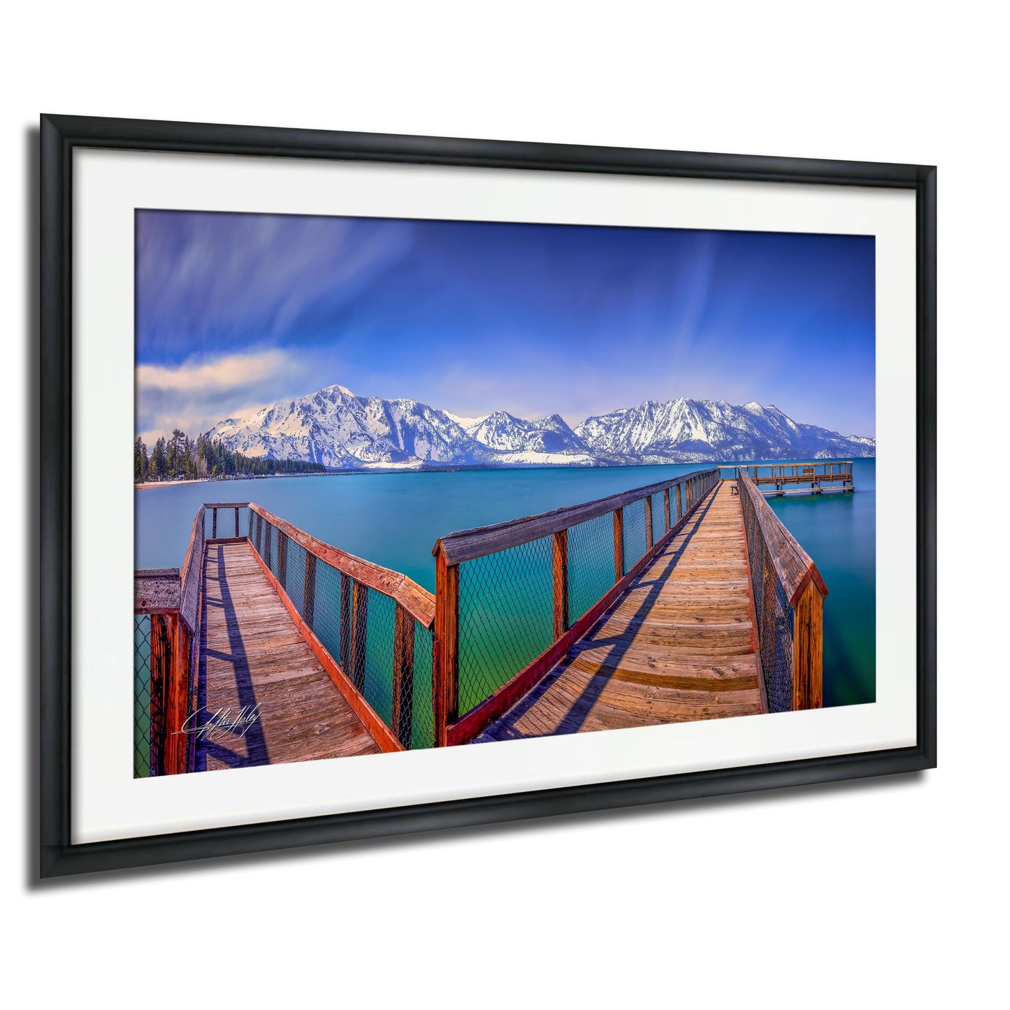 A wooden pier extends into a serene lake, with snow-capped mountains in the distance. The sky above is a clear blue, and the water is a beautiful shade of blue-green. The image is framed and appears to be a collage of multiple images, creating a harmonious and picturesque scene.