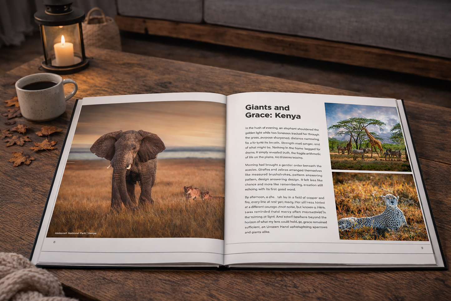 An open book on a wooden table, with two photographs of elephants and giraffes on the left page and a text section on the right page titled "Giants and Grace: Kenya".