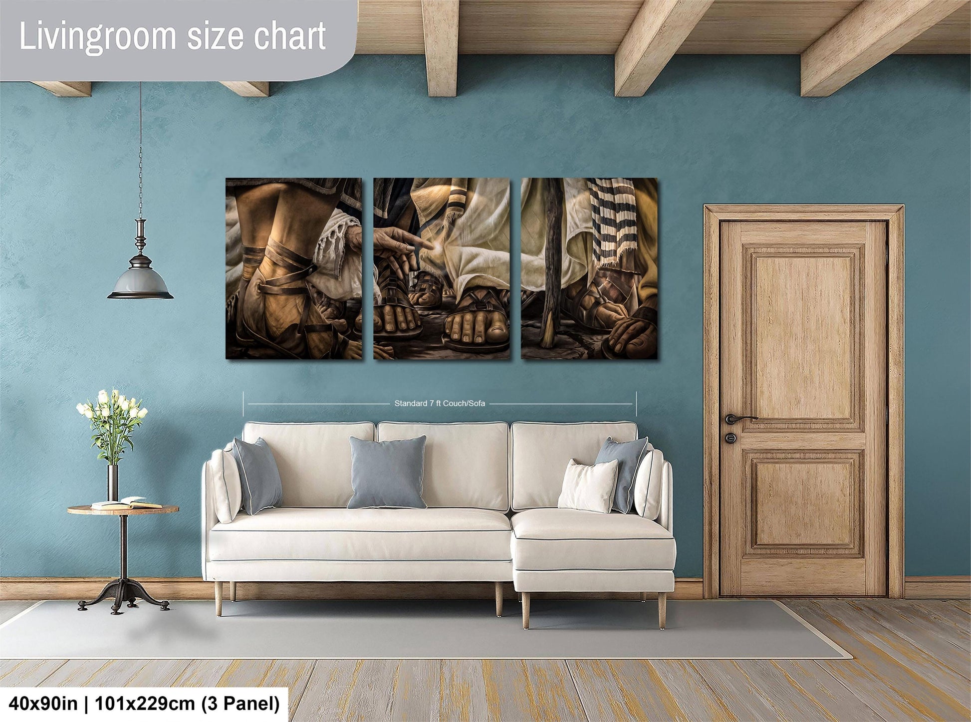 The image is a living room with a white sofa and a wooden door. Above the sofa, there is a large painting depicting a scene with a person and a horse. The painting is divided into three panels, with the largest panel in the center and the smaller ones on either side. The wall behind the sofa is painted in a light blue color, and there is a wooden door on the right side of the image.