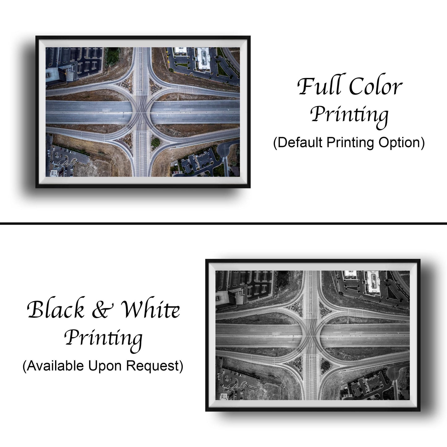 The image is a collage of two framed pictures, one in black and white and the other in full color. The black and white picture is labeled as "Black & White Printing" and the full color picture is labeled as "Full Color Printing (Default Printing Option)".