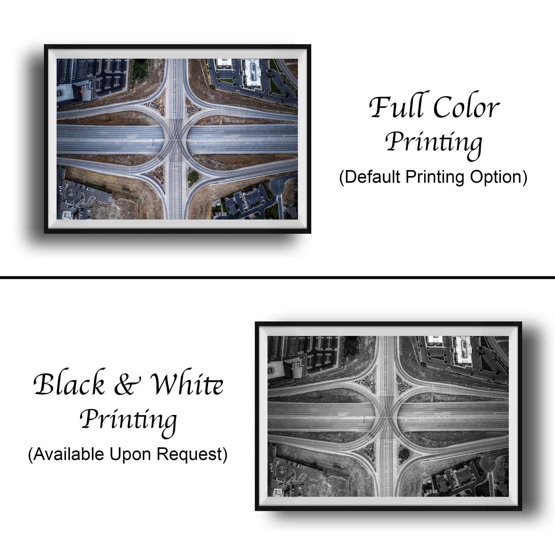 The image is a collage of two framed pictures, one in black and white and the other in full color. The black and white picture is labeled as "Black & White Printing" and the full color picture is labeled as "Full Color Printing (Default Printing Option)".