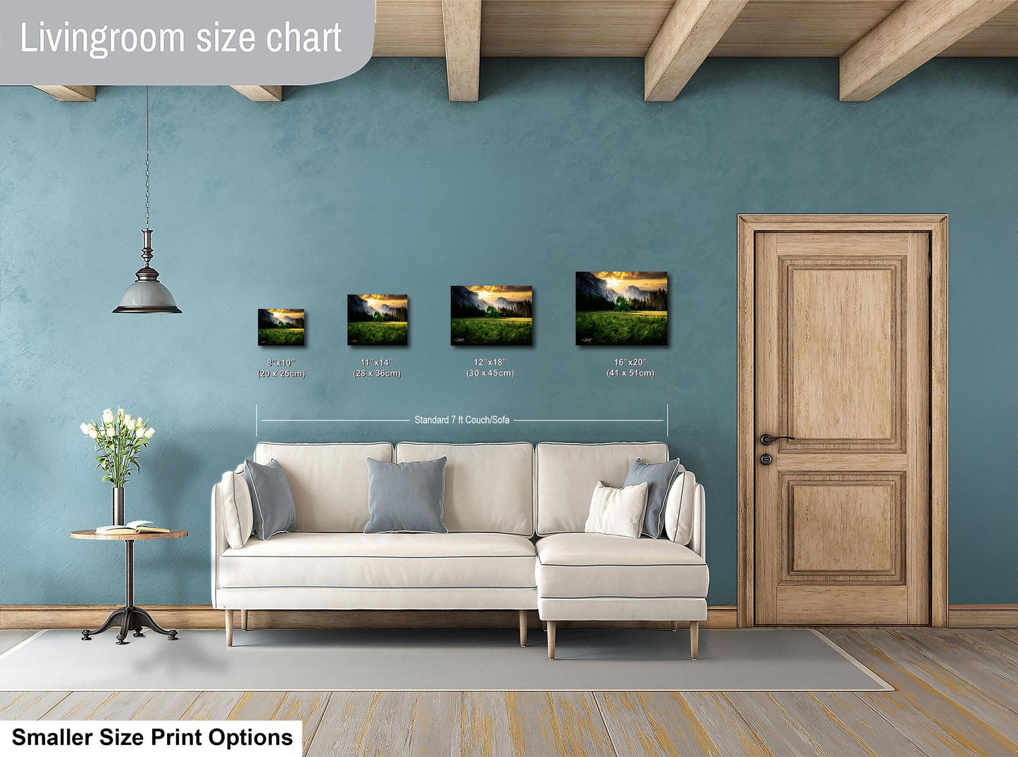 a living room with a white sofa and a wooden door. Above the sofa, there is a size chart displaying the dimensions of four different paintings.