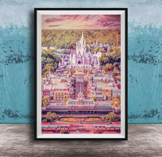 A framed image depicting a fantastical, castle-like structure surrounded by a colorful, whimsical landscape, with a sunset sky in the background.