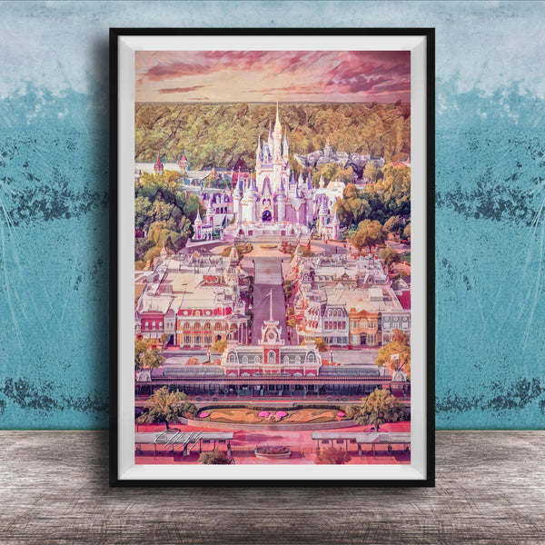 A framed image depicting a fantastical, castle-like structure surrounded by a colorful, whimsical landscape, with a sunset sky in the background.