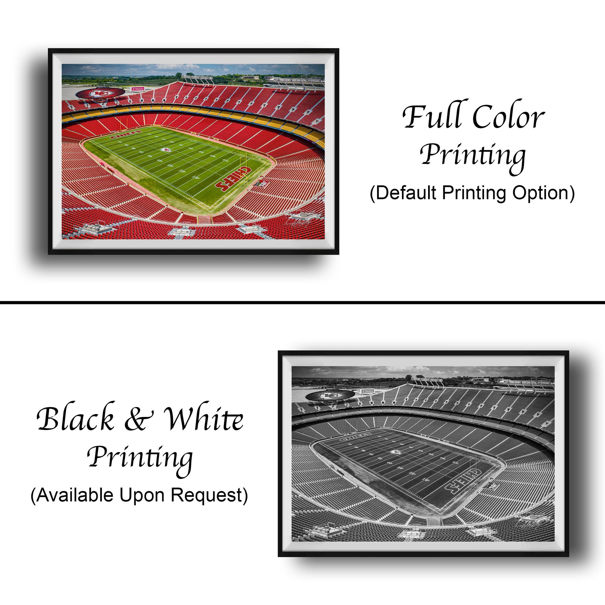 The image is a collage of two framed pictures. The left frame shows a full color image of a football stadium, while the right frame displays a black and white image of the same stadium. The text below the images indicates that the full color printing is available upon request, and the black and white image is a default printing option.