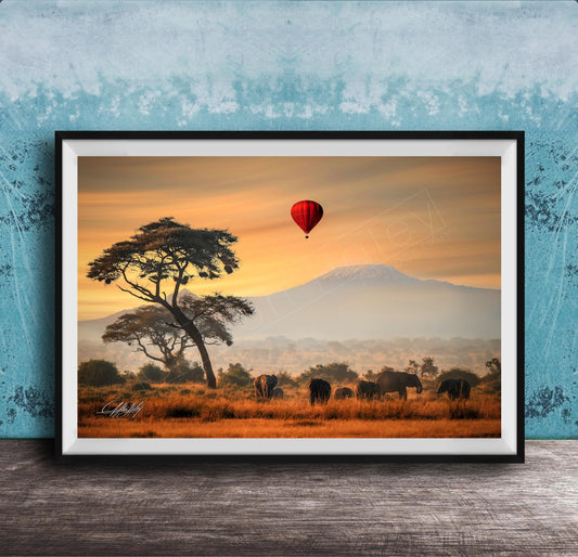A framed photograph depicting a serene landscape with a lone tree, a herd of elephants, and a red hot air balloon floating in the sky, all set against a backdrop of a majestic mountain range.