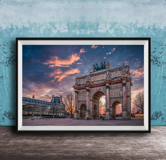 a large, ornate archway with intricate carvings and statues, set against a vibrant sky with colorful clouds.