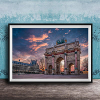 a large, ornate archway with intricate carvings and statues, set against a vibrant sky with colorful clouds.