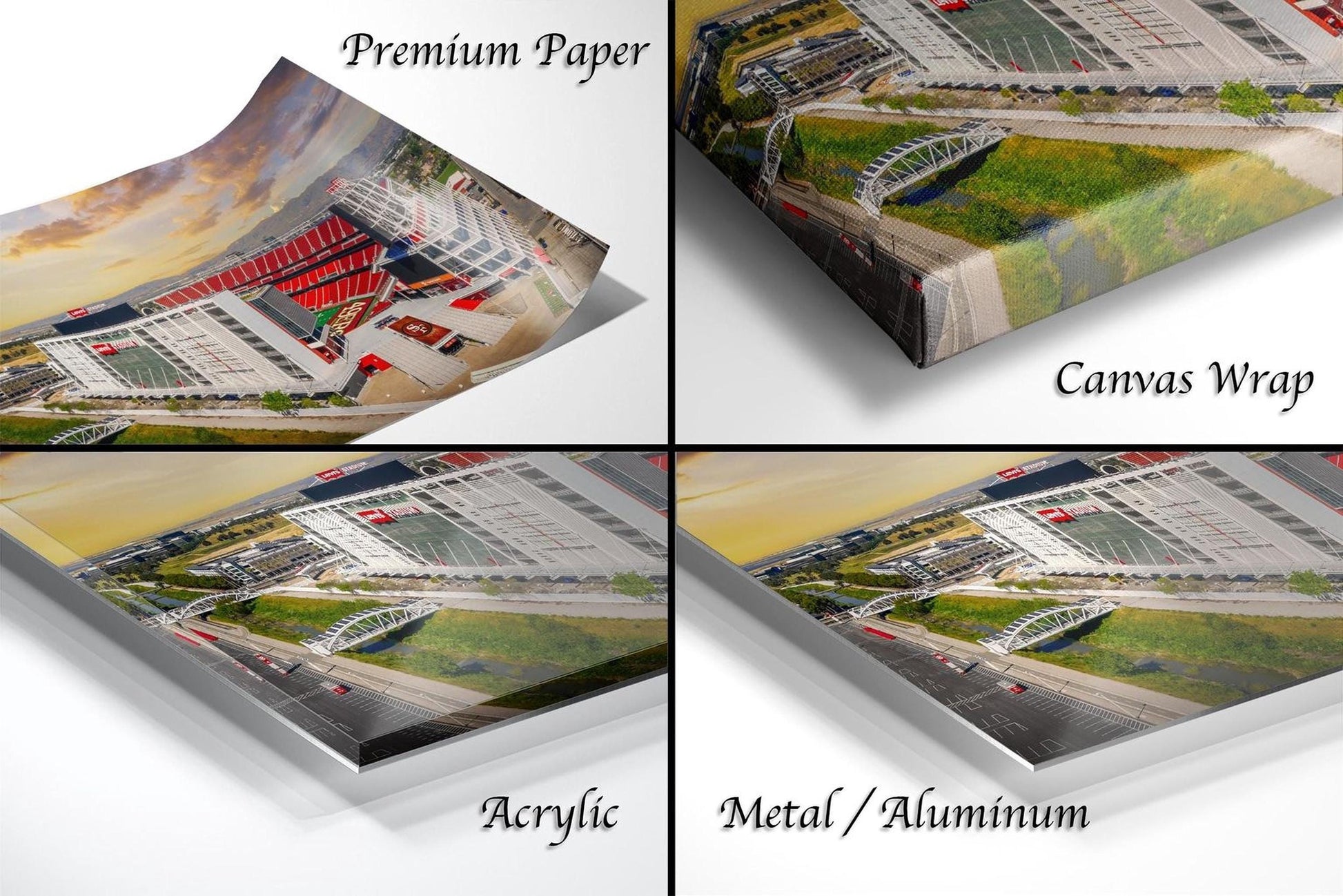 four different views of a large building, with each view labeled as either "Premium Paper", "Canvas Wrap", "Acrylic", or "Metal/Aluminum".