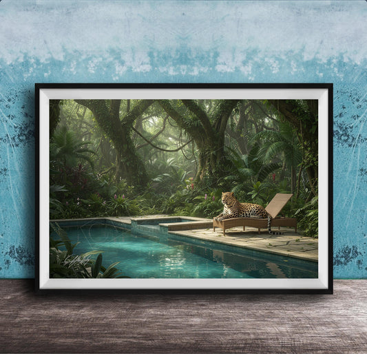 Leopard Swimming Pool Art - Jungle Forest Print | Unique Wildlife Gift