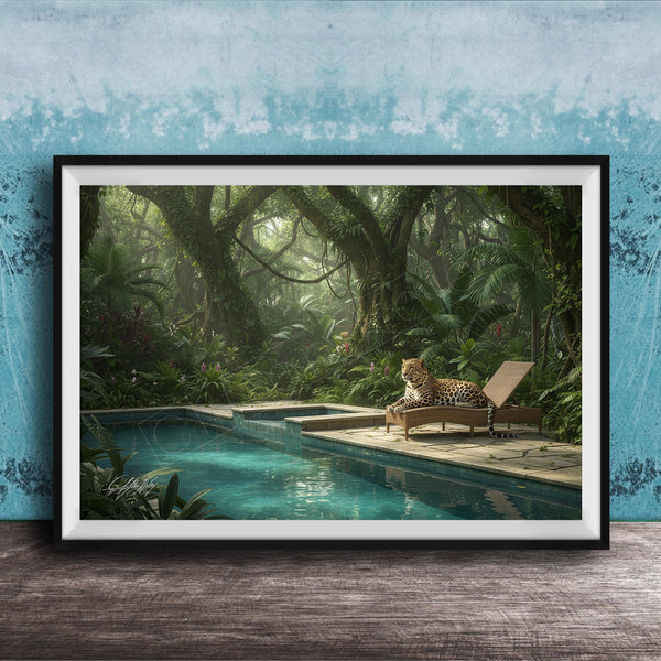 Leopard Swimming Pool Art - Jungle Forest Print | Unique Wildlife Gift
