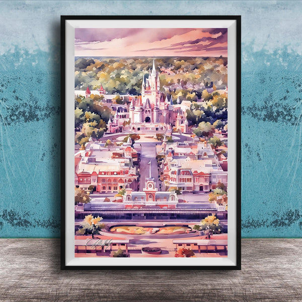 A framed painting depicting a colorful and whimsical cityscape with a castle-like structure in the background, set against a vibrant sky.