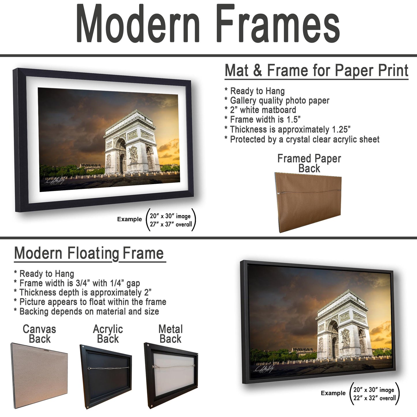 The image is a collage of two framed pictures, one of a modern floating frame and the other of a mat and frame for paper print. The collage features a variety of frame sizes and materials, including acrylic, metal, and canvas backings.