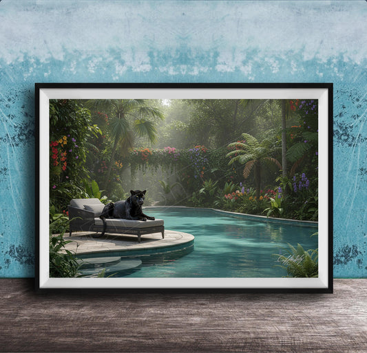 A framed image depicting a black panther resting on a lounge chair in a tropical garden setting, with a pool and lush greenery in the background.