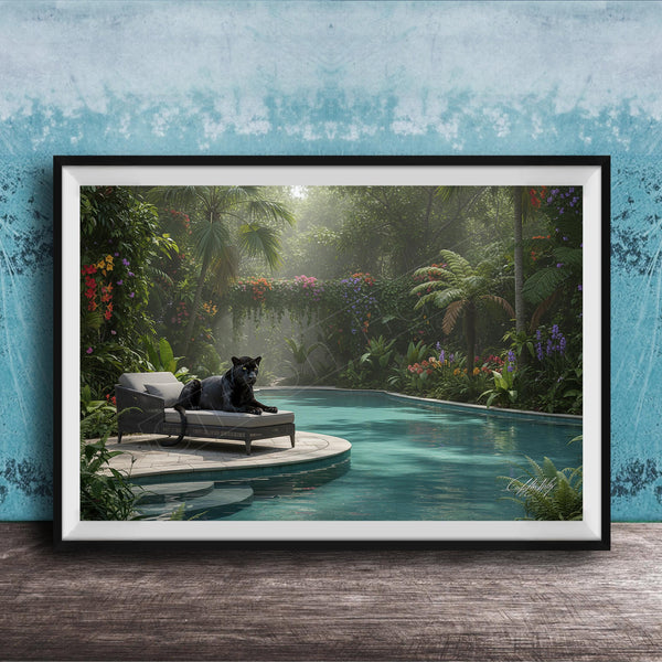 A framed image depicting a black panther resting on a lounge chair in a tropical garden setting, with a pool and lush greenery in the background.