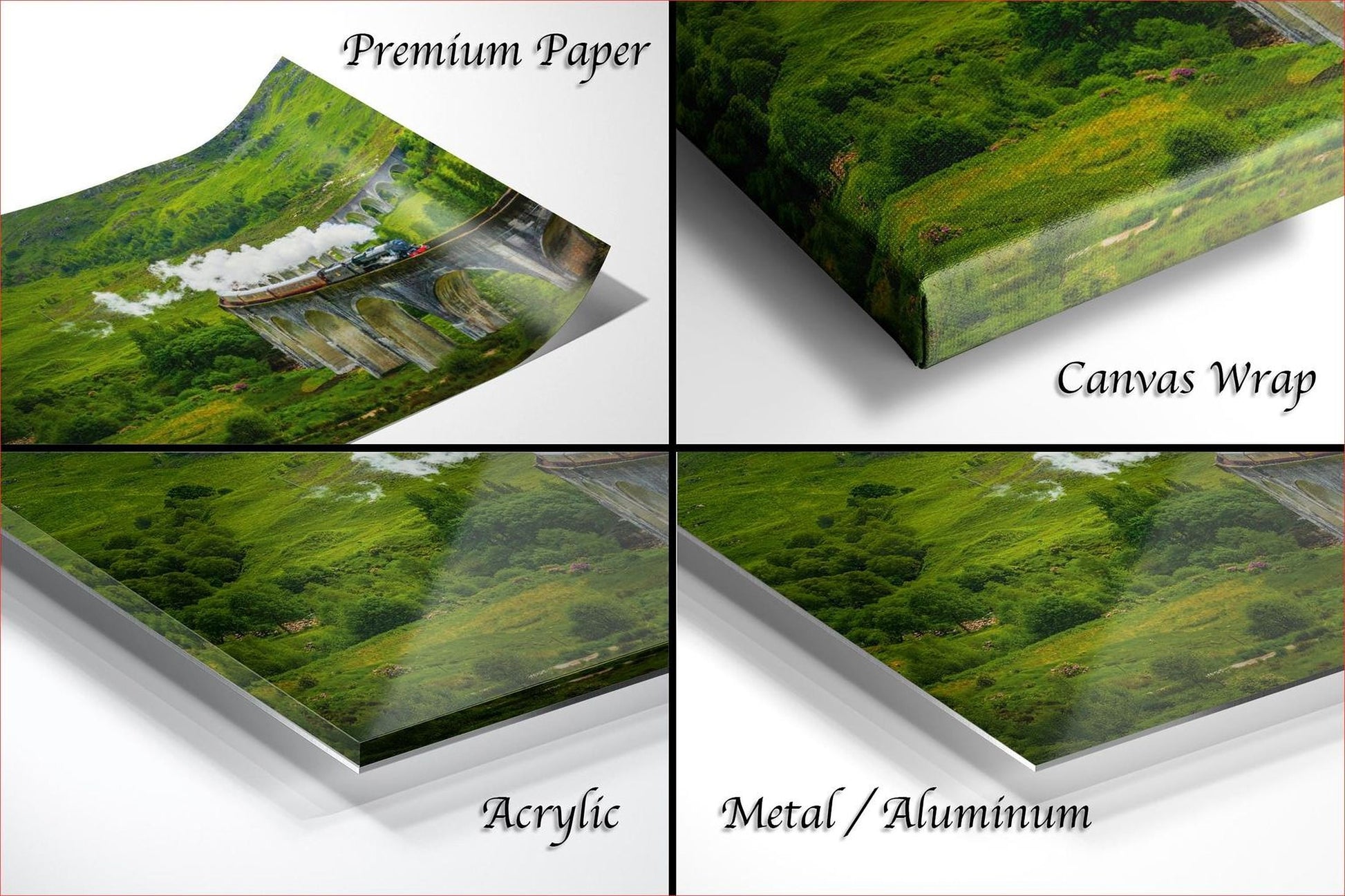 The image is a collage of four different views of a landscape, including a close-up of a train on a bridge, a close-up of a lush green field, a close-up of a train on a bridge, and a close-up of a lush green field.