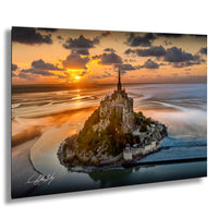 Mont Saint-Michel Poster – Normandy Coastal Art | Sunrise Fog Print with Stormy Sky