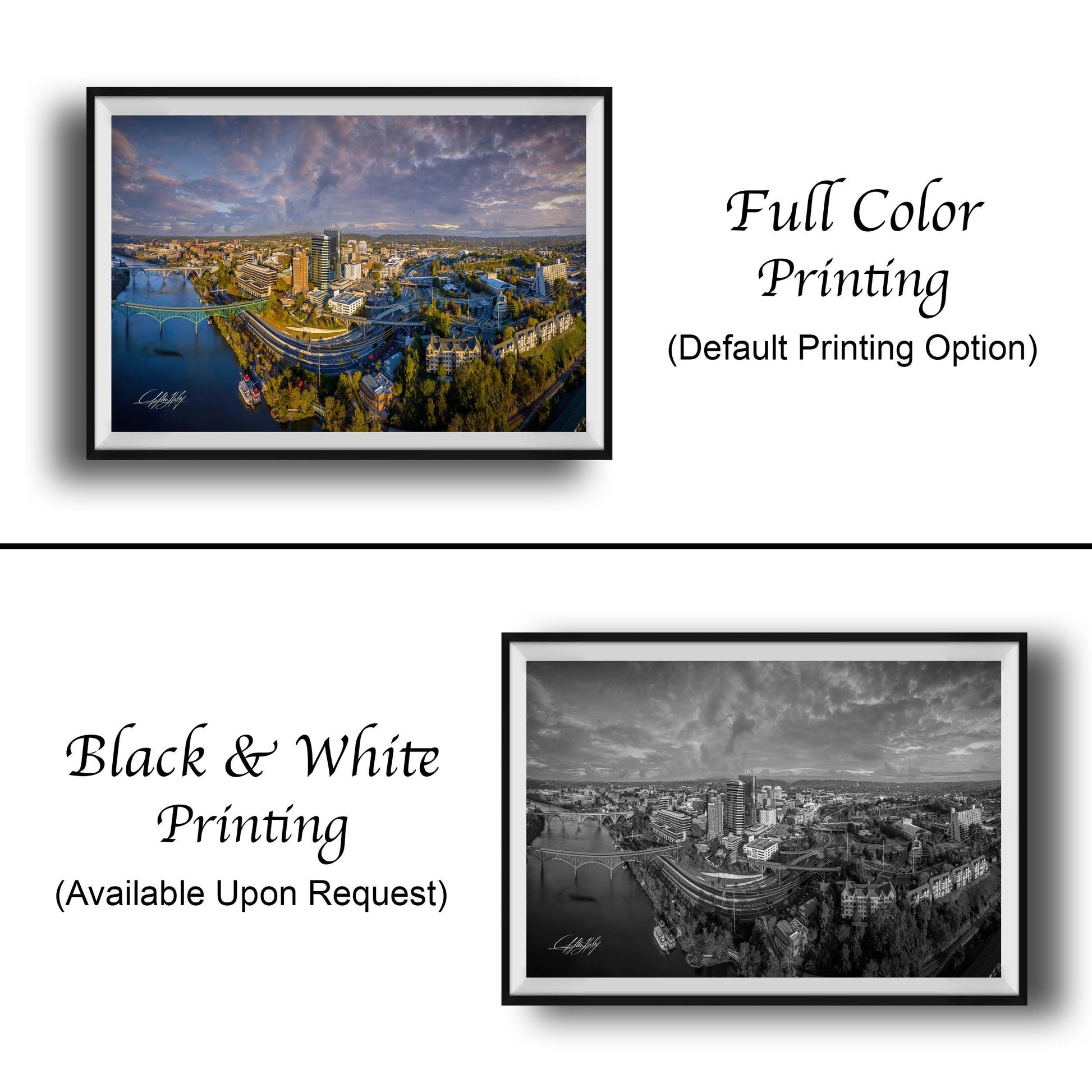 The image is a collage of two framed cityscape photographs. The top photograph is a full color print, while the bottom photograph is a black and white print. Both images depict the same cityscape, with buildings and a river visible. The top photograph is labeled "Full Color Printing" and the bottom photograph is labeled "Black & White Printing" and "Available Upon Request".