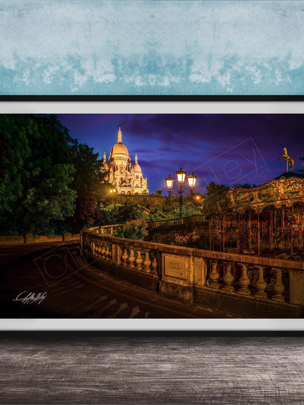 a picturesque night scene featuring a large, illuminated cathedral or church in the background, with a winding path leading up to it. The cathedral is surrounded by trees and illuminated by warm lighting, creating a serene and peaceful atmosphere.