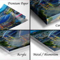 The image is a collage of four different views of a cityscape, each with a distinct perspective and angle. The collage includes a close-up view of the city's skyline, a panoramic view of the city, a detailed view of the city's architecture, and a close-up view of the city's streets. The collage is labeled as "Premium Paper", "Canvas Wrap", "Acrylic", and "Metal/Aluminum", indicating the different materials used to create the artwork.